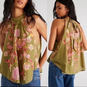 Free People | Emily High Halter Neck Floral
Print Tank Top in Forest Olive Green